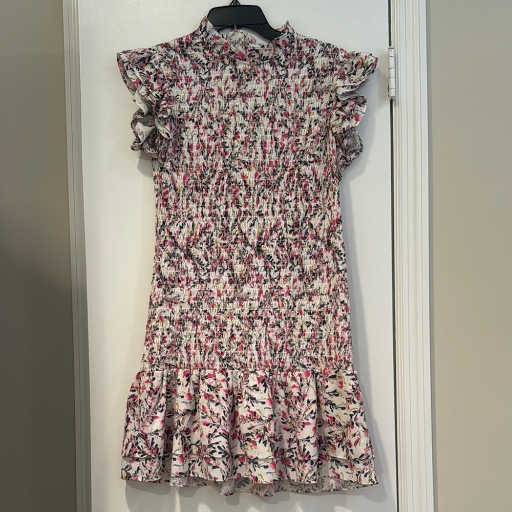 French Connection Pink & White Floral Smocked Mini Dress
